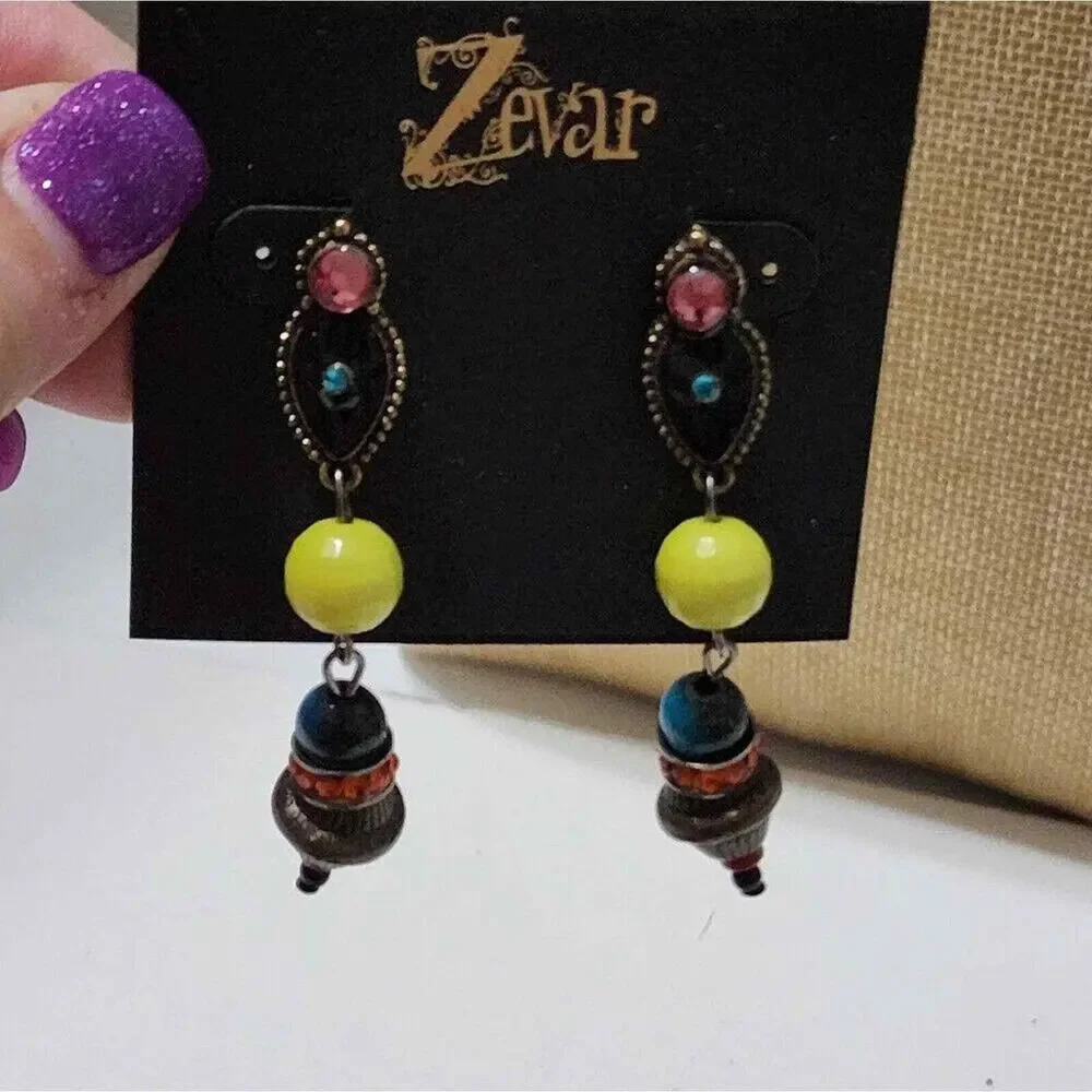 Treska Zevar Beaded Drop Earrings Multi Color Boho Statement Rhinestone Dangle